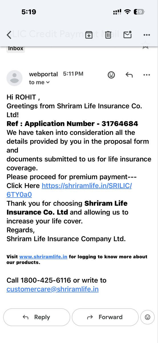 ro98hit's tweet photo. Warning: I received a suspicious email claiming to be from Shriram Life Insurance asking for premium payment through a link. The email references no. 31764684. Please investigate whether this is a phishing attempt. Screenshot attached. +91 92868 43297
@ShriramLifeIns @CyberDost https://t.co/7fJwElPLdt