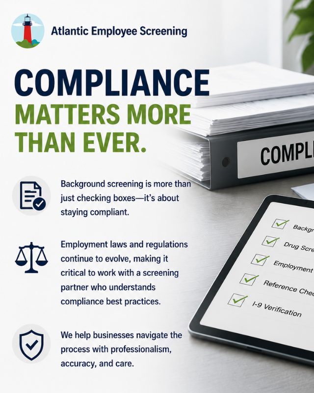 AtlanticChecks's tweet photo. Compliance matters more than ever. Atlantic Employee Screening helps businesses navigate hiring regulations with accurate, reliable, and compliance focused screening solutions so you can hire with confidence and protect your business.

#Compliance #HR #Hiring https://t.co/2yEllkd9t7