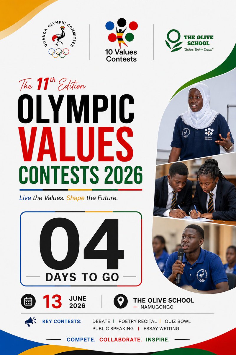 Official_UOC's tweet photo. ⏳ Countdown to the Olympic Values Contests 2026!

Join us this Saturday, 13th June 2026, at @the_oliveschool , as the Culture and Olympic Education Commission together with @DebateUganda hosts the 11th Edition of the Olympic Values Contests 2026. 

Get ready for a day of inspiring discussions, critical thinking, and the celebration of Olympic values among young minds. 

#OlympicSolidarity
#OlympicValuesContests2026