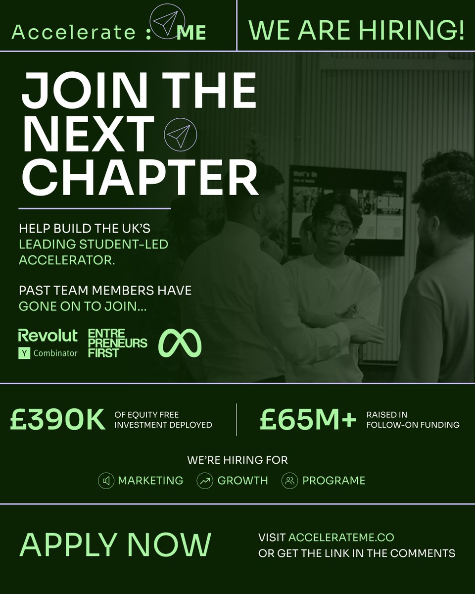 barnabypettifer's tweet photo. Some personal news: I will be director of Accelerate ME (the uk's most successful student-led startup accelerator) next year!

We achieved incredible things last year including two team members getting into YC and 75% of our cohort generating revenue by demo day

if you want to join us and are based in Manchester we are hiring for next year (link in comments)