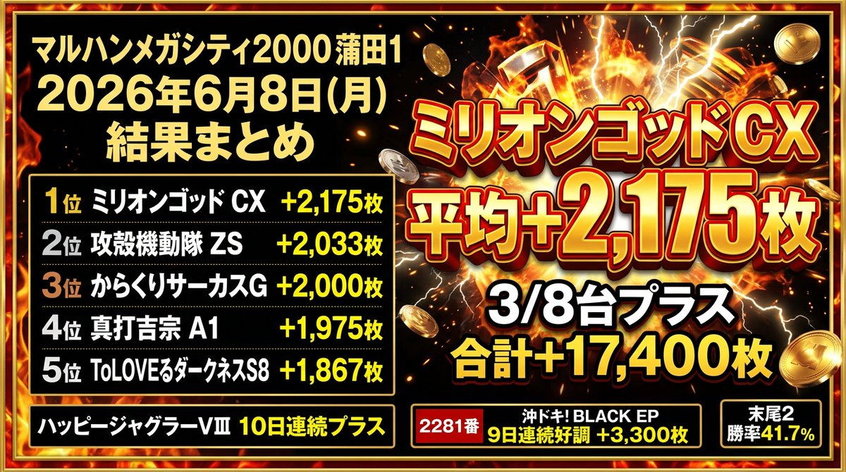 data_chu's tweet photo. 📍マルハンメガシティ2000 蒲田1　2026年6月8日(月)

🔥 ハッピージャグラーVⅢが10日連続プラス継続中…これはちょっと異常

🎰 機種別平均差枚ランキング

🥇 ミリオンゴッド CX
　+2,175枚（3/8台 / 合計+17,400枚）

🥈 攻殻機動隊 ZS
　+2,033枚（2/3台 / 合計+6,100枚）

🥉 からくりサーカスG
　+2,000枚（1/3台 / 合計+6,000枚）

4位 真打吉宗 A1
　+1,975枚（3/4台 / 合計+7,900枚）

5位 ToLOVEるダークネスS8
　+1,867枚（2/3台 / 合計+5,600枚）

6位 鉄拳6
　+1,000枚（1/3台 / 合計+3,000枚）

7位 戦国乙女4 S3
　+775枚（2/4台 / 合計+3,100枚）

8位 いざ番長 SB8
　+633枚（2/3台 / 合計+1,900枚）

9位 ウルトラミラクルジャグラーKT
　+450枚（3/4台 / 合計+1,800枚）

🔢 末尾分析

末尾2
　勝率41.7%（36台中15台がプラス）✅

末尾8
　勝率41.2%（34台中14台がプラス）✅

末尾5
　勝率40.0%（35台中14台がプラス）✅

🔥 連続記録

【📊 平均差枚プラス 連続中】

ハッピージャグラーVⅢ
　10日連続（本日平均+44枚）

戦国乙女4 S3
　7日連続（本日平均+775枚）

攻殻機動隊 ZS
　4日連続（本日平均+2,033枚）

モンスターハンターライズ
　4日連続（本日平均+82枚）

ファンキージャグラー2
　3日連続（本日平均+83枚）

番長ZERO
　3日連続（本日平均+200枚）

🎯 台番連続分析

2281番（沖ドキ！BLACK EP）
　9日連続好調 🔥（本日+3,300枚）

2114番（モンスターハンターライズ）
　5日連続好調 🔥（本日+4,500枚）

2155番（マイジャグラーV）
　4日連続好調（本日+300枚）

2193番（ファンキージャグラー2）
　4日連続好調（本日+700枚）

2230番（ハッピージャグラーVⅢ）
　4日連続好調（本日+100枚）

【総括】
ミリオンゴッドCXが平均+2,175枚で頭一つ抜けた月曜日。末尾2が勝率41.7%で8のつく日でもないのにしっかり動いてたのはちょっと気になりますね。2281番の沖ドキBLACK 9日連続も引き続き追いたいところ。