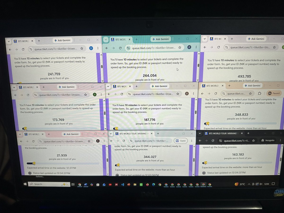 dearlymsjane's tweet photo. buka banyak tab, alhamdulillah ada 1 yg antrian 20rban😭 secured 3 tix cat 1 day 2😭😭😭 https://t.co/zjYFi6Tj21
