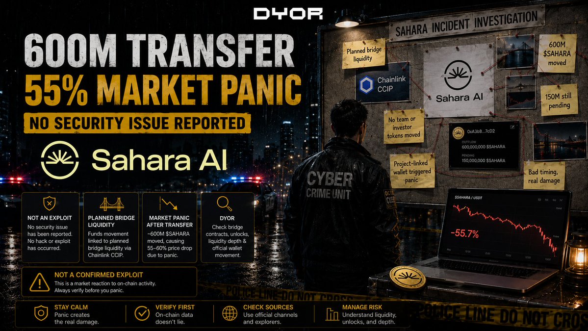 hackenai's tweet photo. ethereum:0xfdffb411c4a70aa7c95d5c981a6fb4da867e1111 didn’t need a hack to lose 55% in under an hour.

A $600M token move hit the bridge, traders saw a project-linked wallet, and panic did the rest.

@SaharaAI says there are “no security issues” with token contracts or products.

The chart heard the transfer first. 🧵⬇️