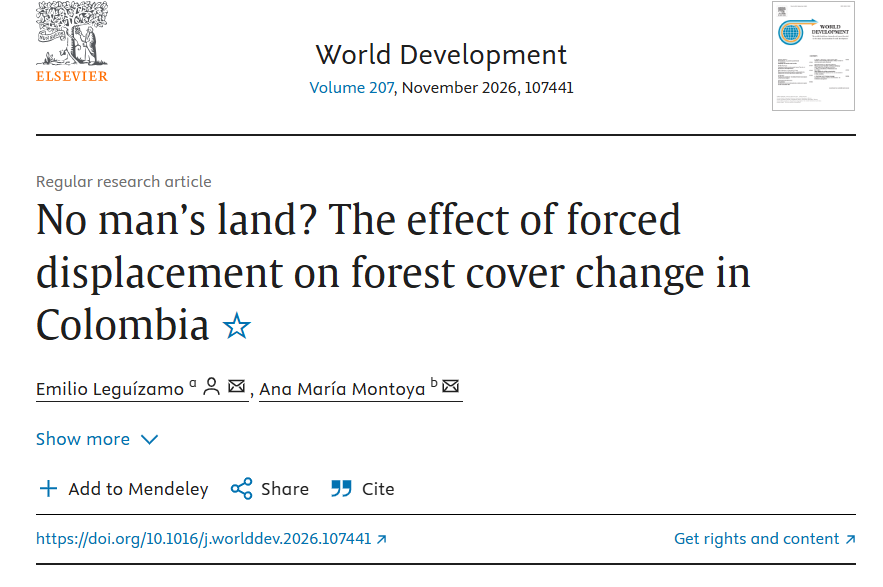 SebastianRamRa1's tweet photo. Congrats to @EmilioLegLon on his new publication! 🎉 Using land restitution rulings and high-resolution satellite data, the paper shows that conflict-induced displacement in Colombia increased deforestation by about 50%, especially following paramilitary-driven displacement. https://t.co/K7nRZfdz51