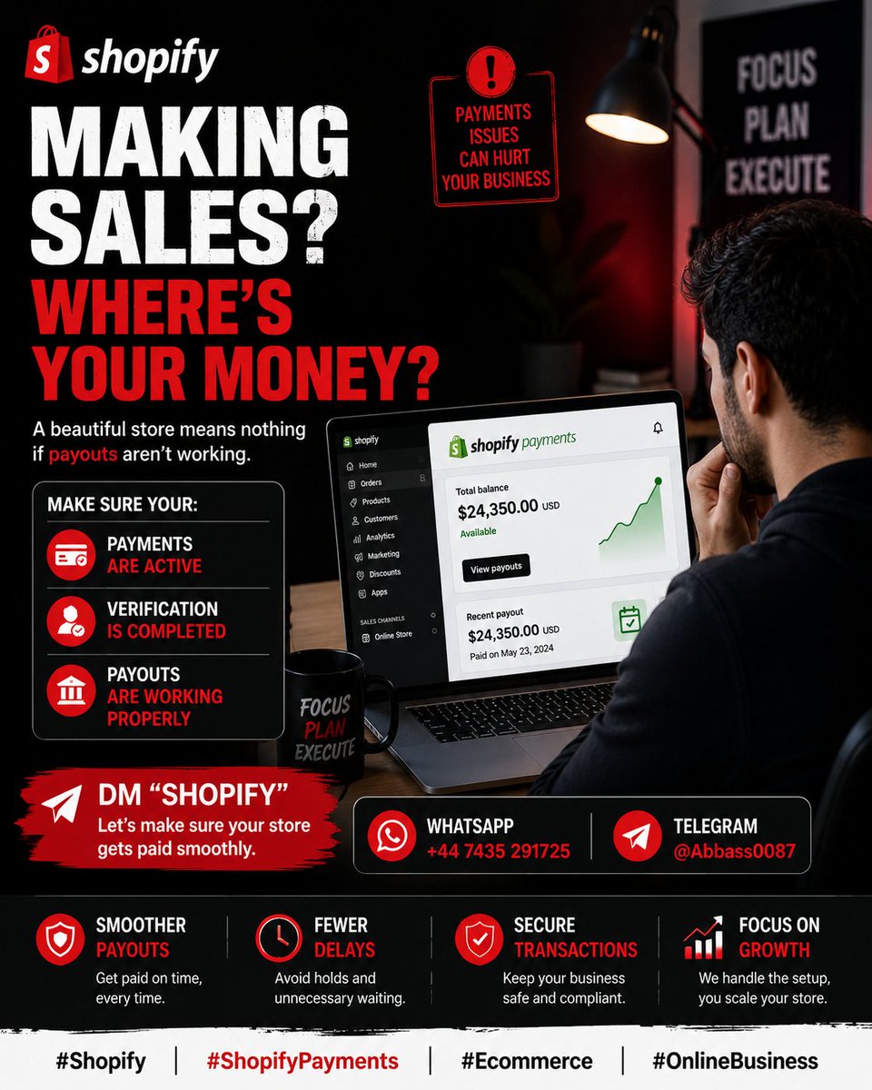 EasyySolution's tweet photo. Your Shopify store may have a payment setup issue.
Don't let verification problems, payment holds, or payout delays slow your business down.
 DM 
 WhatsApp: +44 7435 291725
 Telegram: @Abbass0087

#Shopify #ShopifyPayments #Ecommerce #OnlineBusiness #Entrepreneur https://t.co/IjC5MAfPZ6