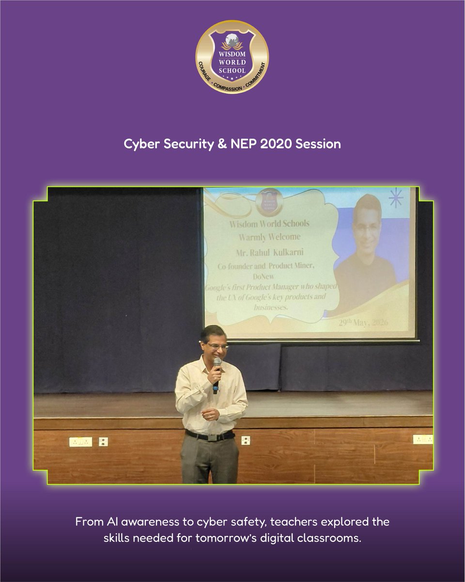 WorldPune's tweet photo. Our educators from Wisdom World School Wakad and Hadapsar (Amanora) attended an insightful session on Cyber Security and NEP 2020 by Rahul Kulkarni. 
From responsible AI use to digital citizenship, the session equipped teachers to guide students in an evolving digital world 🌐✨ https://t.co/ryW9LGbGu5