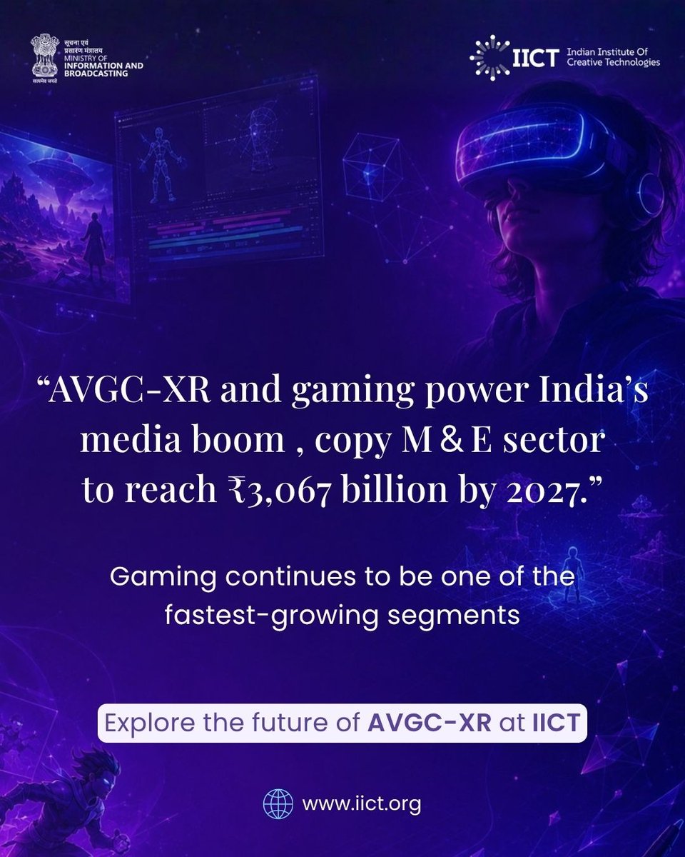 TheIICT's tweet photo. AVGC-XR and gaming are no longer emerging sectors. They are becoming key drivers of India’s media and entertainment growth.

With India’s Media & Entertainment industry projected to reach ₹3,067 billion by 2027, the demand for skilled talent across animation, VFX, gaming, XR, virtual production, and creative technology continues to accelerate.

At IICT, we are preparing the next generation of creators, innovators, and storytellers to build for this rapidly evolving industry.

Explore the future of AVGC-XR with IICT.

📍 https://t.co/6FzQMJKrsV

#IICT #AVGCXR #GamingIndustry #Animation #VFX #XR #CreativeTechnology #GameDevelopment #DigitalMedia #FutureOfWork #MediaAndEntertainment #IndiaGaming #EmergingTech #CreativeEconomy #SkillDevelopment