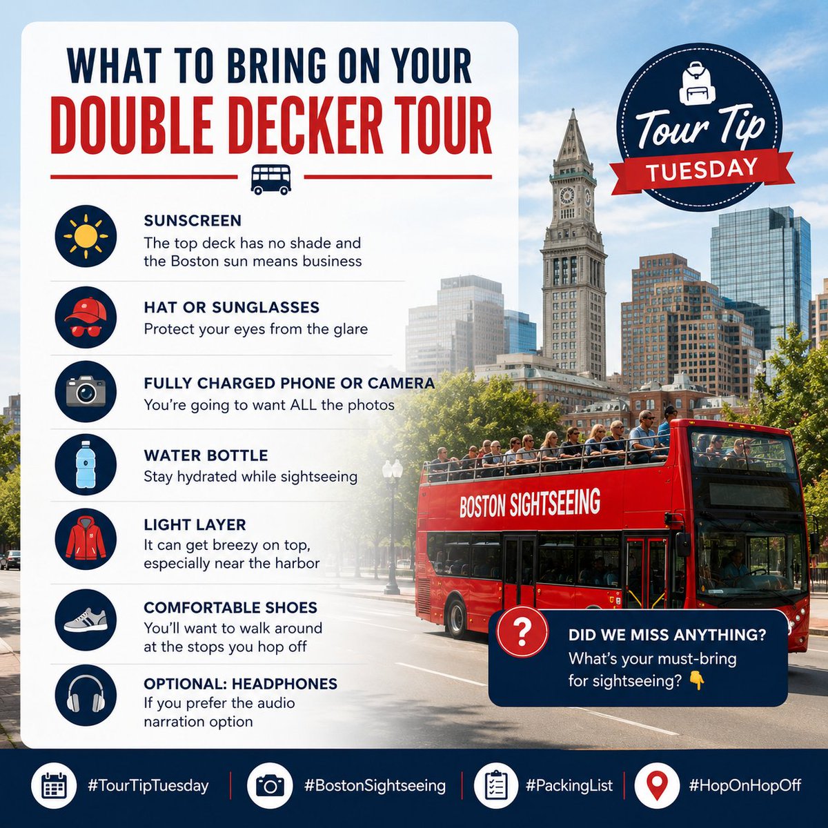 BostonSightsee's tweet photo. 🚌 Tour Tip Tuesday: Don't forget sunscreen for the top deck! Open-air views are amazing but the Boston sun is real ☀️🧴 #TourTipTuesday #BostonSightseeing #TravelTip https://t.co/XhKEjI6nUD