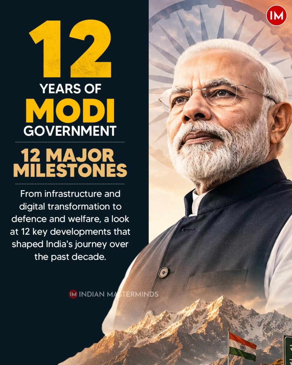 i3masterminds's tweet photo. 🇮🇳 12 Years. One Nation. Countless Changes.

Twelve years is a long time in public life.

Long enough for promises to be tested.

Long enough for policies to deliver results.

Long enough for citizens to decide what truly changed their everyday lives.

As the Narendra Modi government completes 12 years, discussions often revolve around numbers, rankings, schemes, and milestones.

But beyond the statistics lies a more important question:

🤔 What change did ordinary Indians actually feel?

For some, it was the rise of digital payments.

📱 A simple QR code that transformed the way India transacts.

For others, it was:

🛣️ Better highways and connectivity

🏠 Access to housing

🚰 Tap water connections

🏥 Improved healthcare access

⚡ Electricity reaching homes

💻 Digital services becoming part of daily life

🚀 Many also point to India's growing global presence, infrastructure expansion, startup ecosystem, defence modernisation, and achievements in space and technology as defining transformations of the last decade.

At the same time, these years also witnessed debates, disagreements, and important conversations about policy, governance, and the direction of the country—an essential feature of every vibrant democracy.

Whatever one's political view may be, few would deny that the past 12 years have been among the most consequential periods in India's recent history.

So here's a question for you:

👇 If you had to choose just ONE change from the last 12 years—positive or negative—that will have the biggest long-term impact on India...

💬 What would it be?

📌 Digital India?

📌 Infrastructure?

📌 Welfare delivery?

📌 Startup ecosystem?

📌 Foreign policy?

📌 Education?

📌 Something else entirely?

Share your thoughts in the comments.

Let's hear India's voice. 🇮🇳

#12YearsOfModiGovernment #NarendraModi #PMModi #NewIndia #Governance #Development #DigitalIndia #Infrastructure #StartupIndia #IndiaGrowth #PublicPolicy #NationBuilding #IndianMasterminds @PMOIndia @narendramodi @narendramodi_in @BJP4India @MIB_India
