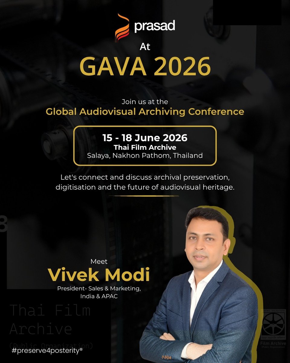 PrasadCorp's tweet photo. 🎞️ Prasad at GAVA 2026!

📍 Thailand | 📅 15–18 June
Meet Vivek Modi and explore our expertise in archival preservation, digitisation, restoration, and content management.

#PrasadCorp #GAVA2026 #MediaPreservation https://t.co/T6HLGhjaGK
