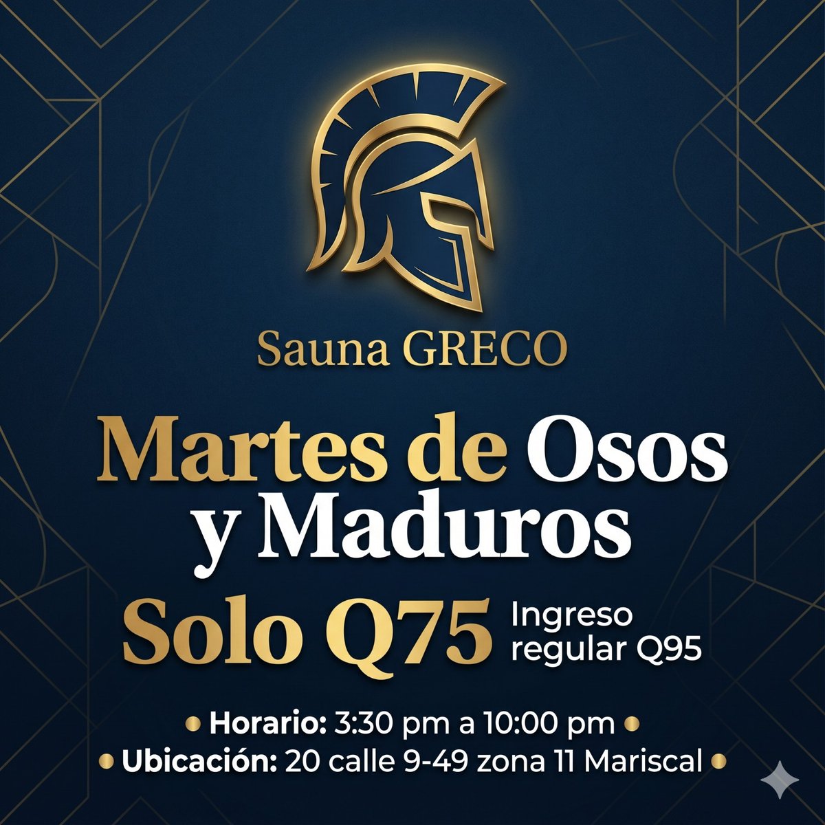 SaunaGreco's tweet photo. 🔴 MARTES !!!

Si eres oso, 🐻🐼🧸 tenemos una promo especial para ti.
Y si eres maduro 👴🎅 + 40... también tenemos promo para ti.

🕐 De 3:30 a 10 pm

➡️ Q75 Osos y maduros 
➡️ Q95 otras tribus

🚩 20 calle 9-49 zona 11 col. Mariscal
▶️ Waze, Uber, Indriver, Google maps, etc. https://t.co/PChH4YfDMe