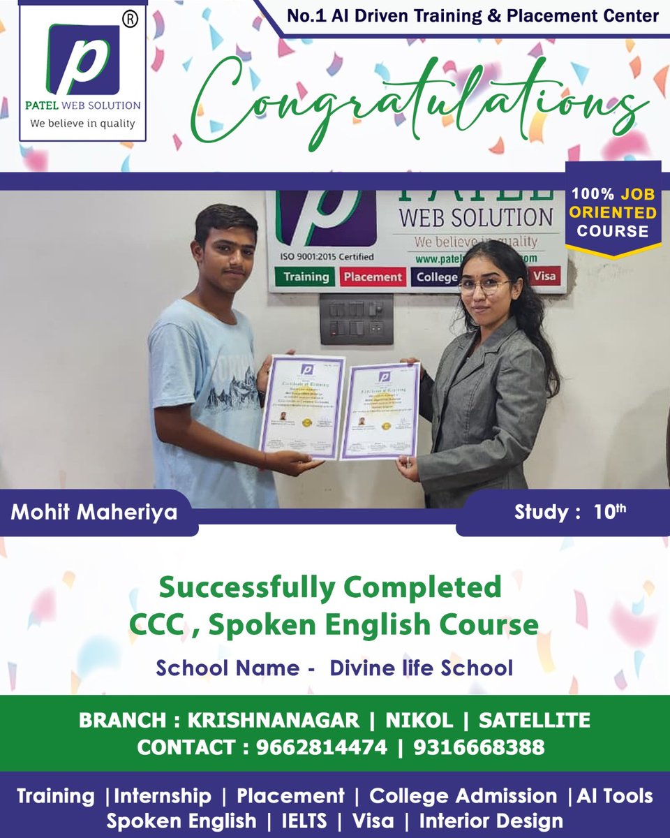patelweb's tweet photo. 🎉 **Congratulations to Our Achievers!** 🎓✨

A big round of applause to **Mohit Maheriya, Patel Shan, Patel Ansh, and Dhruv Kheni** for successfully completing their respective courses and internship programs at **Patel Web Solution**. 🚀 https://t.co/Fq8a4OfgP2
