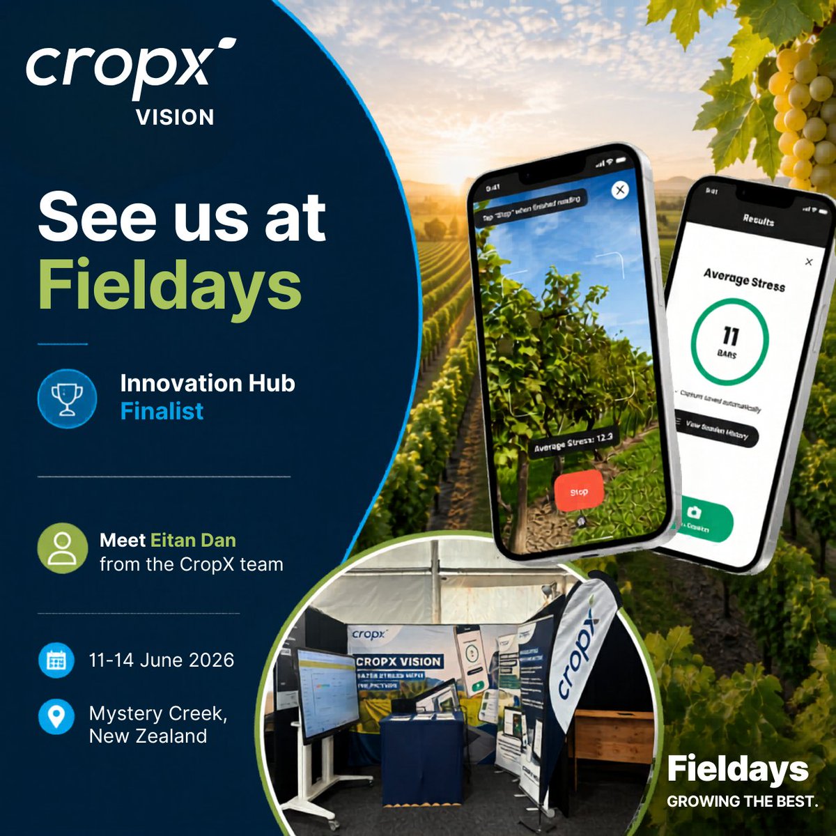 crop_x's tweet photo. 🚜 National Fieldays starts tomorrow!

We're proud to be shortlisted for the Innovation Hub, where we'll showcase CropX Vision a breakthrough technology that measures plant water stress from a simple smartphone photo. 🌱📱

🌐 https://t.co/VuqGvL4FZw
#CropX #Fieldays2026 https://t.co/uH9gWYJSbx
