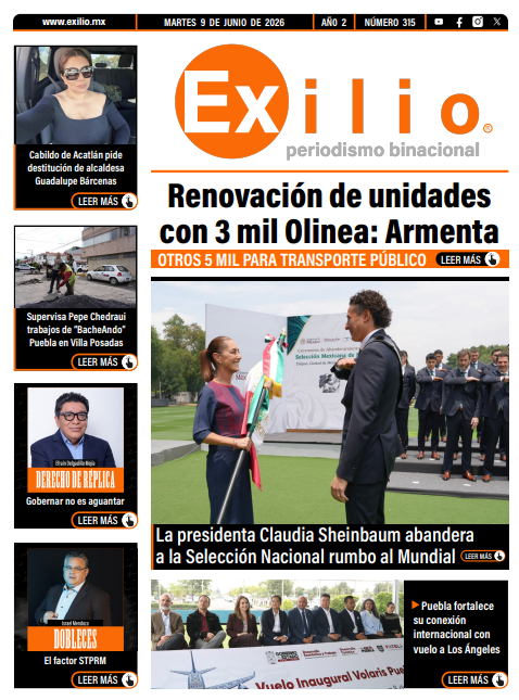 MxExilio's tweet photo. Buenos días!  Te invitamos a leer,  nuestra #Portada interactiva del #Martes 9 de junio.

🫶Renovación  de unidades con 3 mil Olinea: @armentapuebla_  
🇲🇽La presidenta  @Claudiashein  abandera a la Selección Nacional rumbo al #Mundial
✈️Puebla fortalece su conexión internacional con vuelo a Los Ángeles (@SedetraGobPue )
🤚Cabildo  de Acatlán  pide destitución  de alcaldesa Guadalupe Bárcenas 
👏Supervisa @pepechedrauimx   trabajos de "BacheAndo" Puebla en Villa Posada 
✍️#Columnistas | @delgadillomejia  escribe: Gobernar no es aguantar
✍️ #Columnistas | @imendozape  escribe: El factor STPRM

Descarga la portada 👉 https://t.co/I5BAyniWze