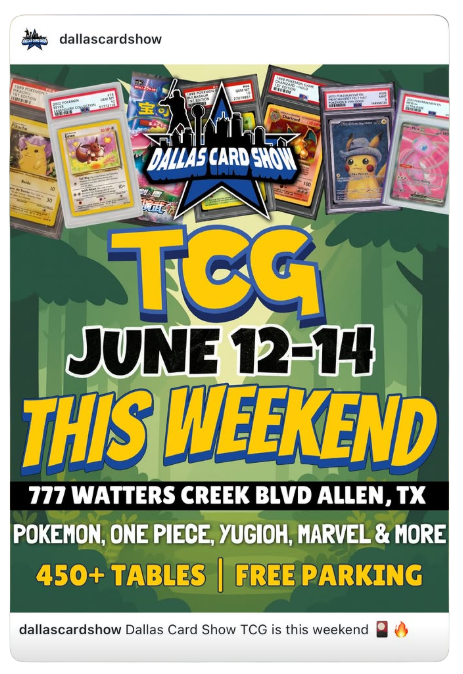 sappyscards's tweet photo. 🚨 TCG Weekend with @DallasCardShow 

The Dallas Card Show TCG hits Allen June 12–14 with 450+ tables, free parking, and Pokémon, One Piece, Yu-Gi-Oh!, Marvel &amp; more.

Pull up, hunt grails, make deals, and come talk cards.

📍777 Watters Creek Blvd
#TCG #Pokemon #TheHobby https://t.co/2ldmHazfWT