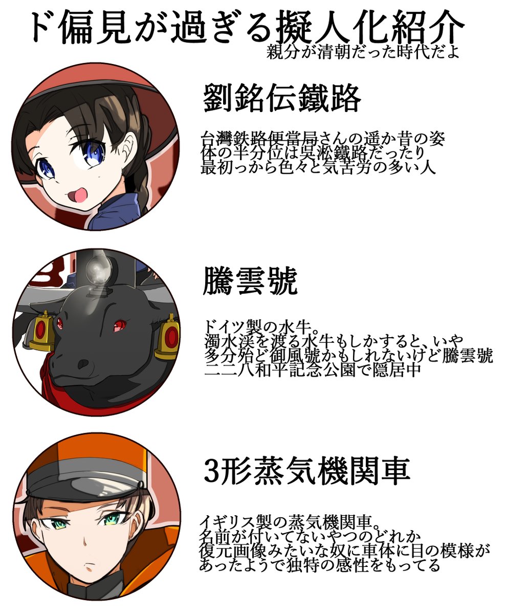 abebeillust's tweet photo. リプツリー元の情報。と過去絵の劉銘伝鉄路から臨時台湾鉄道隊。
どうでも良いんですが、台湾鉄路が止まるのは閣下の肩書が重いからですっていうおべっかが陸軍が接収した時にあった逸話が結構好きです。
＃鉄道擬人化　＃擬人化 https://t.co/7kQeHFRNO9