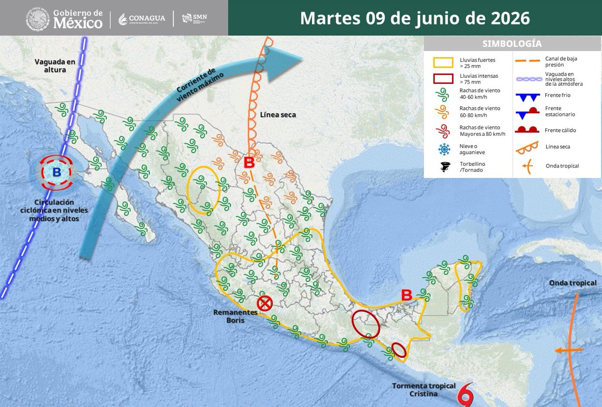 SasslaClimaMx's tweet photo. #PronósticoNacional ⚠️ | ¡Inminente la llegada de "Boris" a Guerrero! ⛈️🌀

•⁠  ⁠⛈️🟣 Lluvias TORRENCIALES a INTENSAS: Guerrero, Oaxaca, Jalisco, Colima, Michoacán, Chiapas, Veracruz y Puebla.

•⁠  ⁠⛈️🔴 MUY FUERTES: Tamaulipas, SLP, Querétaro, Hidalgo y EDOMÉX.

•⁠  ⁠⛈️🟡 FUERTES: NL, Zacatecas, Nayarit, AGS, Guanajuato, CDMX, Morelos, Tlaxcala, Tabasco, Campeche, Yucatán y Q. Roo.

•⁠  ⁠🌧️🔵 CHUBASCOS: Coahuila y Durango.

•⁠  ⁠🌊🔴 #OleajeElevado: Peligro por olas de 4.0 a 5.0 metros en las costas de Michoacán, Guerrero y Oaxaca (oeste); de 3.0 a 4.0 metros en Jalisco, Colima y Chiapas.

•⁠  ⁠💨🔴 #VientosFuertes: Rachas violentas de 90 a 110 km/h en la costa de Guerrero, y de 70 a 90 km/h en Michoacán y Oaxaca (oeste).

•⁠  ⁠☀️🟠 #MuyCaluroso (40 a 45 °C): BC, Sonora, Chihuahua, Durango, Sinaloa, Guerrero y Oaxaca. 

Información oficial: CONAGUA CLIMA (@conagua_clima).