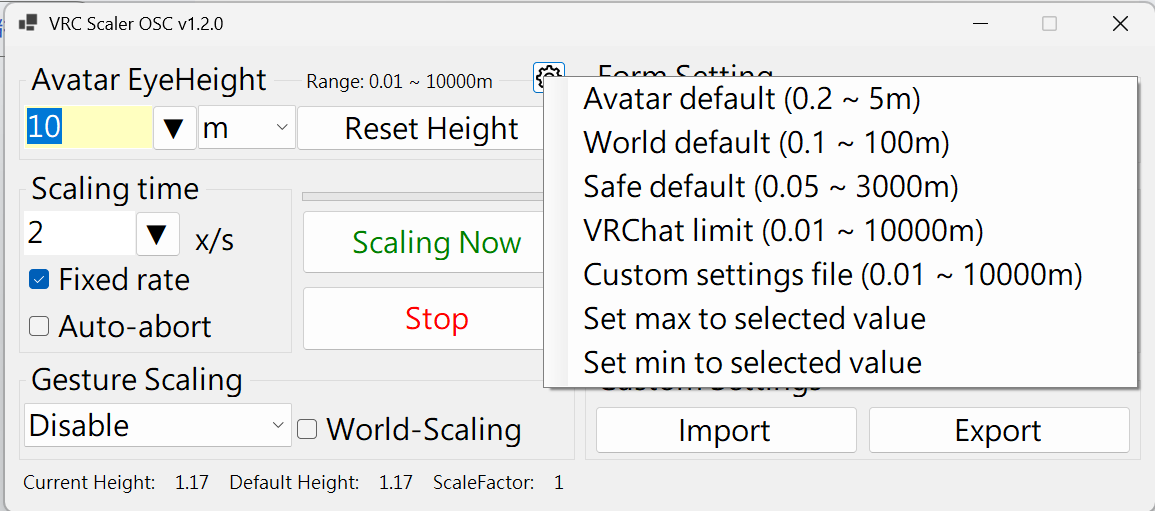 phone23451's tweet photo. VRC Scaler OSC v1.2.0 Released!
●Added a Console app, including a Linux x64 version.
●Added height range limits to prevent excessive scaling.
●Avatar prefab has also been completed.
Also, please remember to enable the option shown in the fourth image.

#VRChat https://t.co/qDG43r3kZX