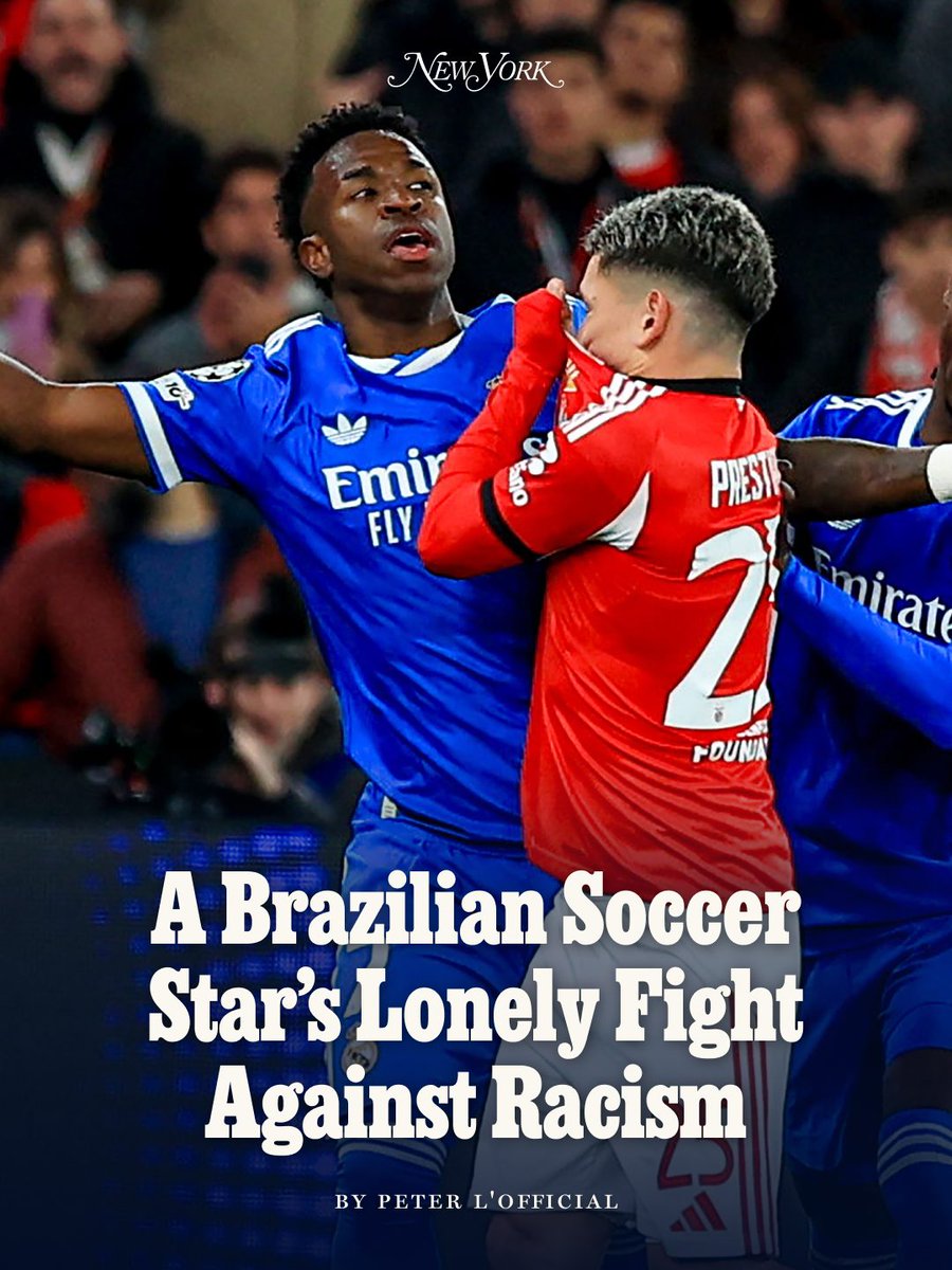 NYMag's tweet photo. During his eight years in Spain, playing for Real Madrid, the Brazilian forward Vinícius Júnior has been a frequent subject of racist abuse, at least 20 times, by his count. Through Vinícius, and Brazil at large, we can see how players with roots in the African diaspora helped create the multibillion-dollar enterprise that is soccer today, writes Peter L'Official (@apostropheoh). The sport’s first global superstar, Pelé, was a Black man from southeastern Brazil, which makes it remarkable that one of his heirs, so many years later, has become a focal point for so much racist abuse.

Why? “The simple answer is he has never been the only one,” writes L’Official. As Vinícius prepares to take the field for Brazil at the World Cup — an event that will showcase on the global stage the ubiquity and virtuosity of Black footballers, representing nations as demographically different as Austria and Japan — it’s clear that soccer’s fraught relationship with race is both stuck in time and haunted by the sport’s ever more cosmopolitan future. FIFA likes to say that “football unites the world,” but Vinícius’s experience suggests football alone can do no such thing.

Read L’Official on how Vinícius can serve as a study for how to combat racism in soccer: https://t.co/oR6lpR5Fuc