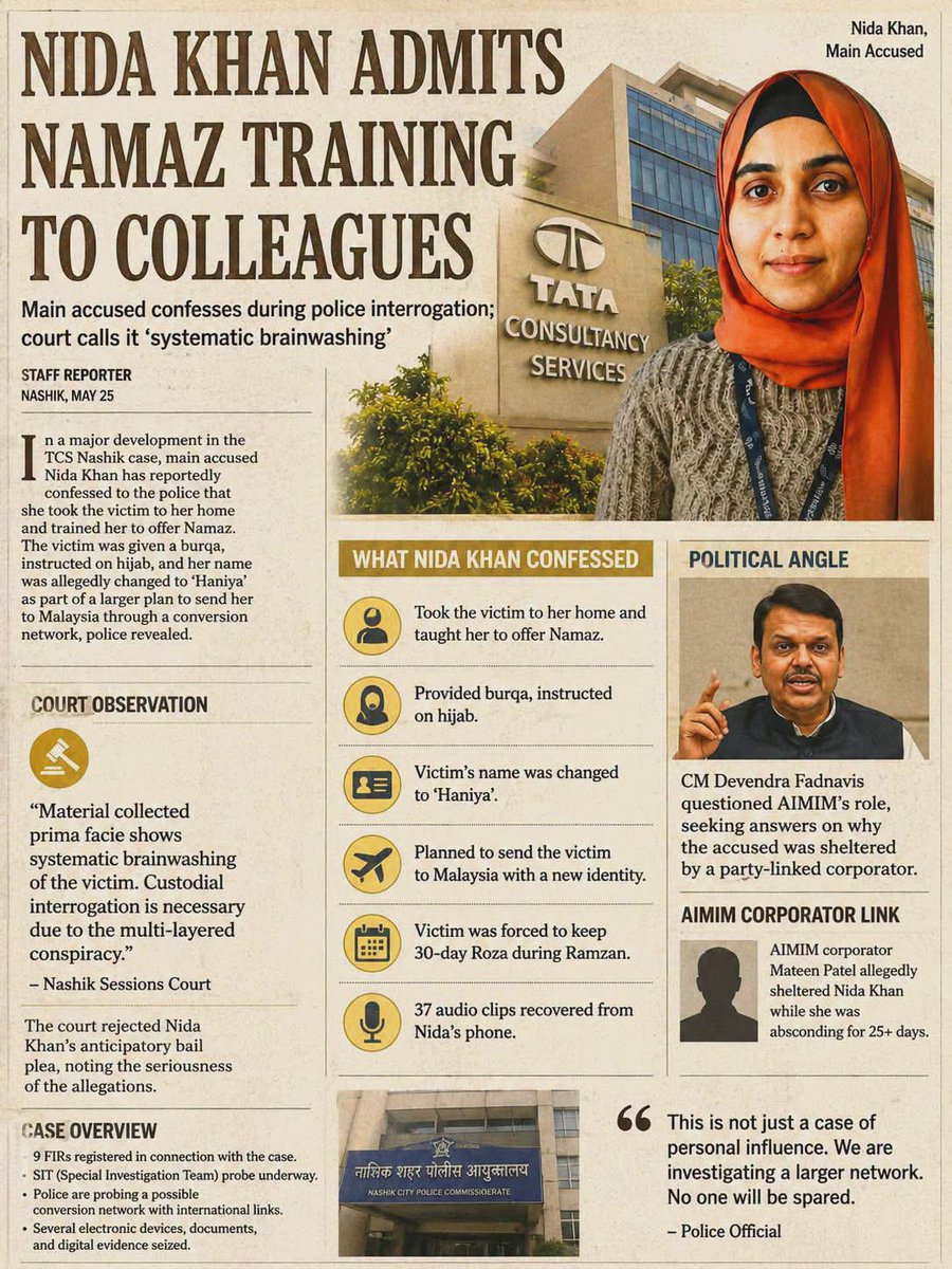 TIgerNS3's tweet photo. Nashik #TCS case probe reveals systematic religious grooming

Accused #NidaKhan taught victim #Namaz, conducted prayer sessions, enforced 30-day #Ramzan fasting &amp; shared 171 Islamic links. Chats show efforts to stop Hindu temple visits. Danish &amp; Tausif also named.
#CorporateJihad https://t.co/I2WbebmDBe