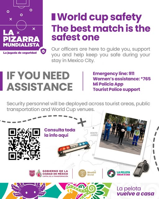 SSC_CDMX's tweet photo. #WorldCup2026 | Your safety is our priority! Mexico City Police will be deployed across public spaces and public transportation to guide and support you. 🏆⚽👮🏻👮🏻

Enjoy your stay and welcome to Mexico!

Emergency & Assistance Numbers: 🚨
☎️ 911
📱 "Mi Policía" App

🟢 WhatsApp: 👮🚓
+52 55 4331 9636 (Police Contact Unit)
+52 55 4891 1166 (Tourist Assistance Center)

#SeguridadMundial