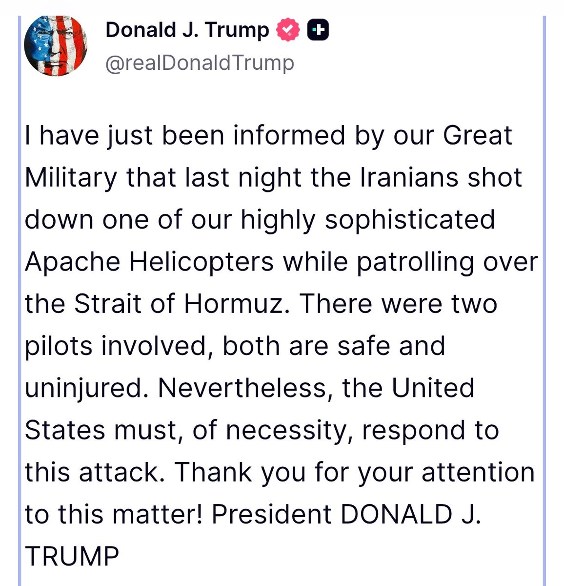 DeepWhale's tweet photo. 🔴 🇺🇸 🇮🇷 L’Iran a abattu un hélicoptère Apache américain au-dessus du détroit d’Ormuz. 

Donald Trump a déclaré que les États-Unis doivent répondre à cette attaque. https://t.co/jeNK7FJy3s