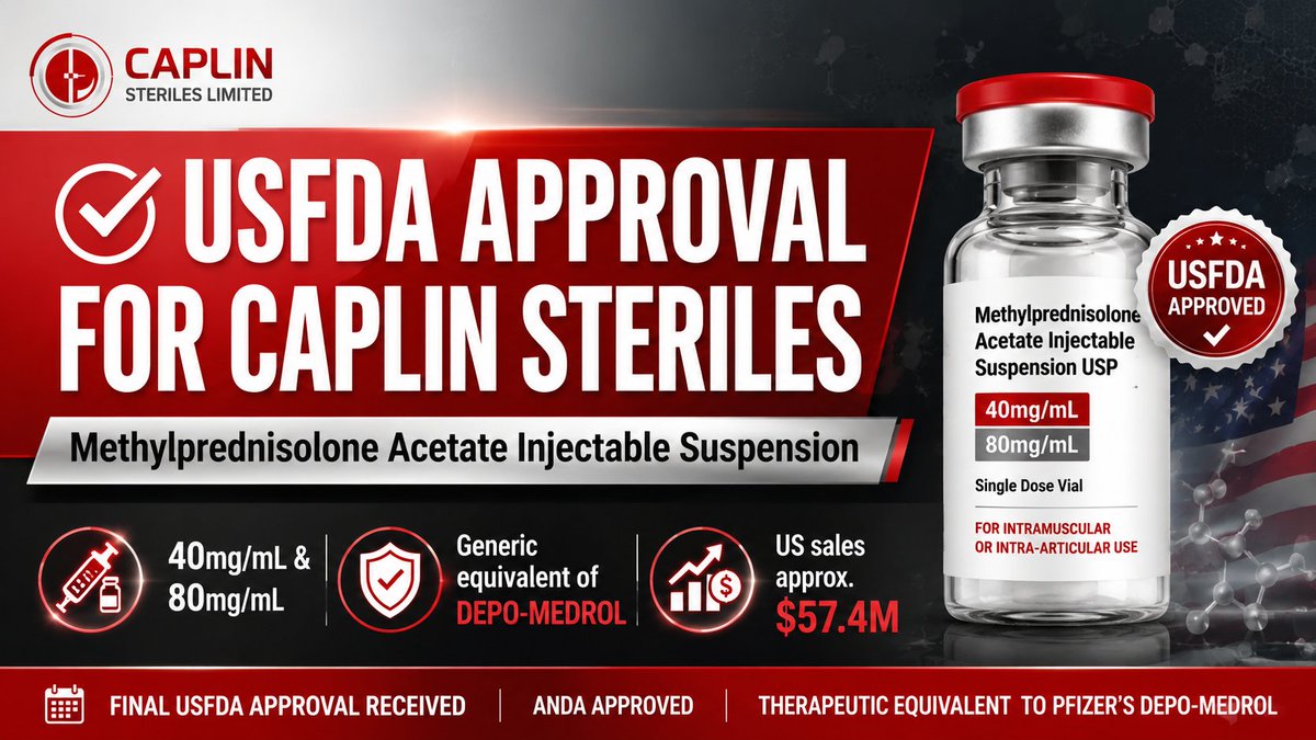 EthSk5's tweet photo. #CAPLIN_USFDA_approval Kudos to Caplin Pharmaceuticals for achieving USFDA approval for their injectable suspension in 40mg/mL and 80mg/mL strengths. This milestone highlights their expanding influence in the complex generics sector. https://t.co/toeVqv74in