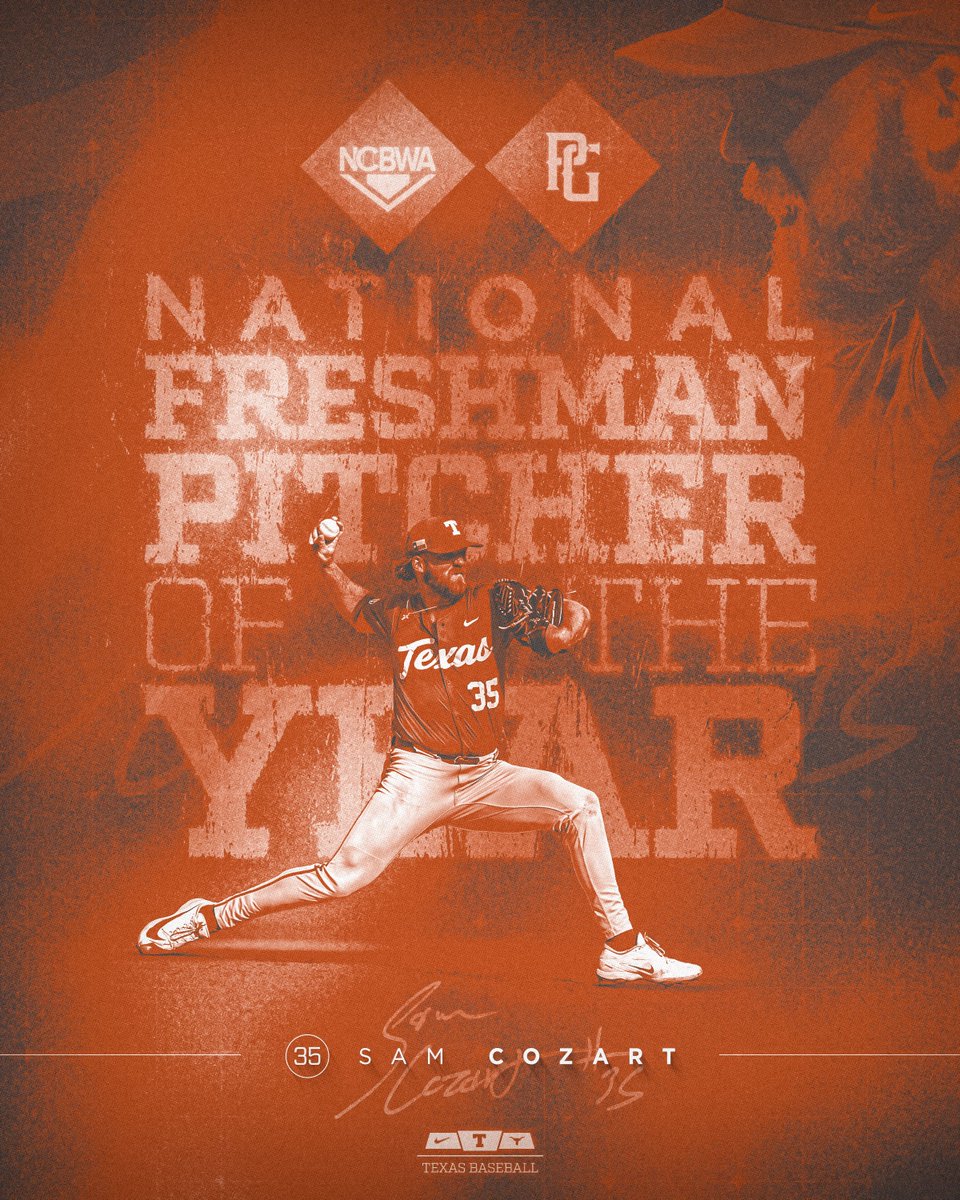 TexasBaseball's tweet photo. NATIONAL FRESHMAN PITCHER OF THE YEAR 🏆

#HookEm | @NCBWA | @PerfectGameUSA https://t.co/87g1JQm7La