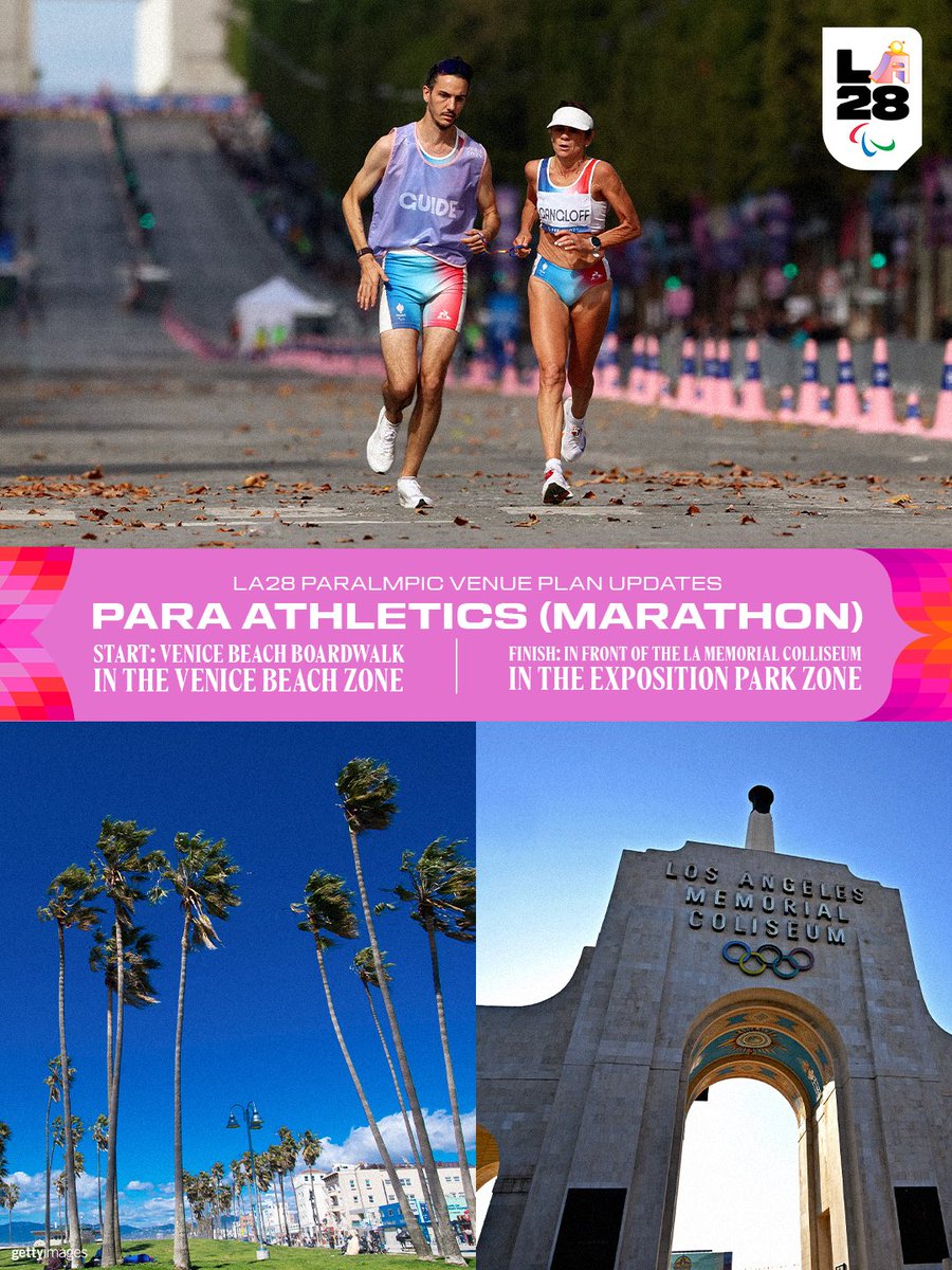 LA28's tweet photo. The road to history 🏟️ The finish line of the first-ever Paralympic Marathon in Los Angeles will be located in front of the historic LA Memorial Coliseum. The monumental and instantly recognizable facade offers an epic stage for this monumental moment.

As previously announced, the Paralympic marathoners will start their 26.2-mile journey through Los Angeles at the Venice Beach Boardwalk. The official course route will be unveiled later this year.

Check out the LINK IN BIO for more updates on the venues that will shape the LA28 Games.