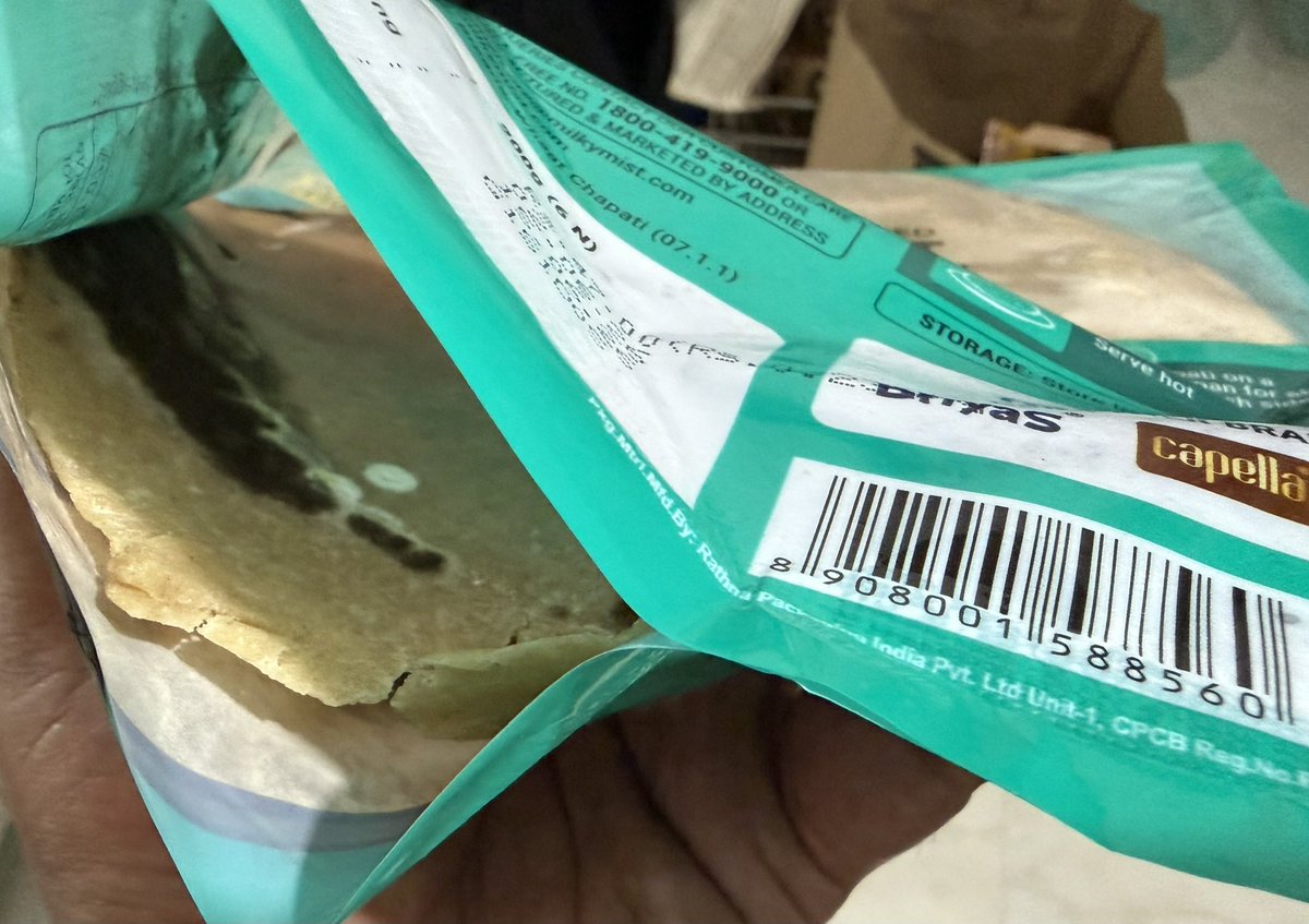 dr_paddys's tweet photo. Ordered chapati from @SwiggyInstamart. Received mouldy, rotten product. Visible fungal growth. This isn't a quality lapse — it's a food safety failure.

Refund processed. But supplying rotten packaged food is an offence, not just a customer service issue.

@Swiggy @fssaiindia https://t.co/SjBemUfzAq