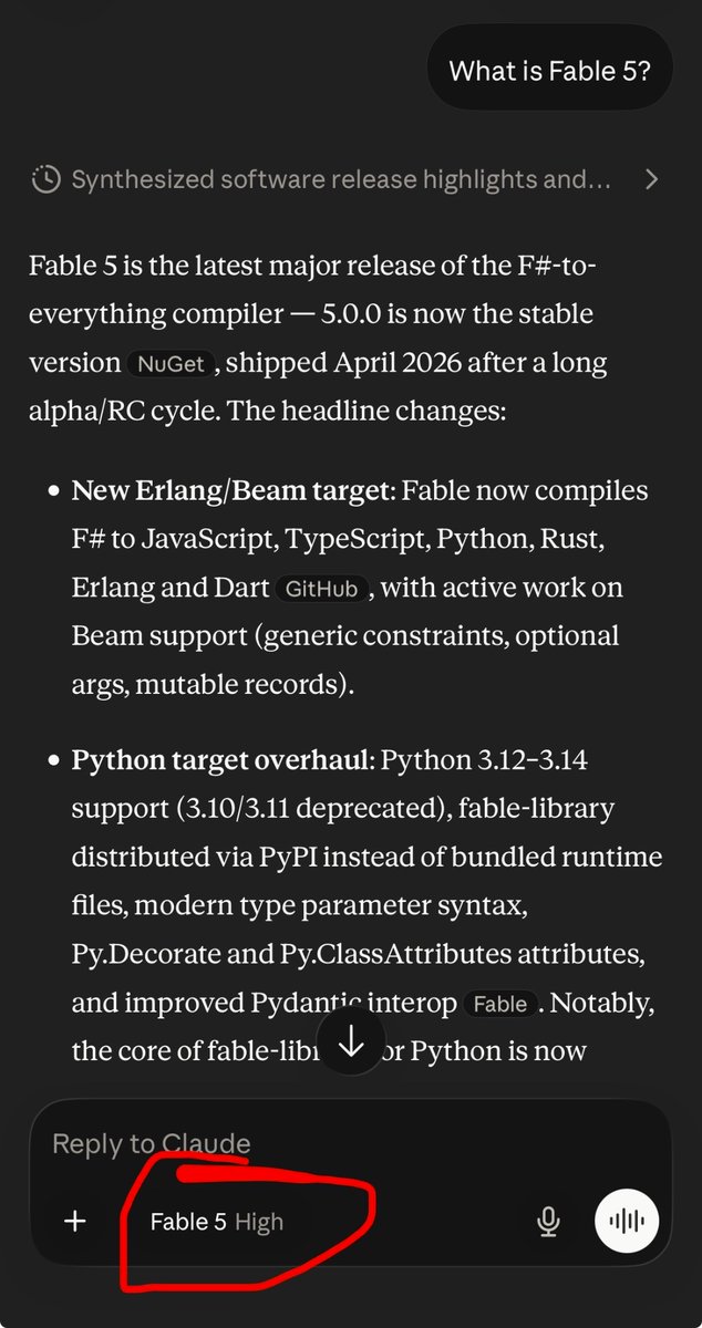 GoswinR's tweet photo. Congratulations, You won @FableCompiler ! Fable 5 the LLM still think Fable 5 is the latest release of a #fsharp to JavaScript compiler: https://t.co/fWdw6mCDOB
