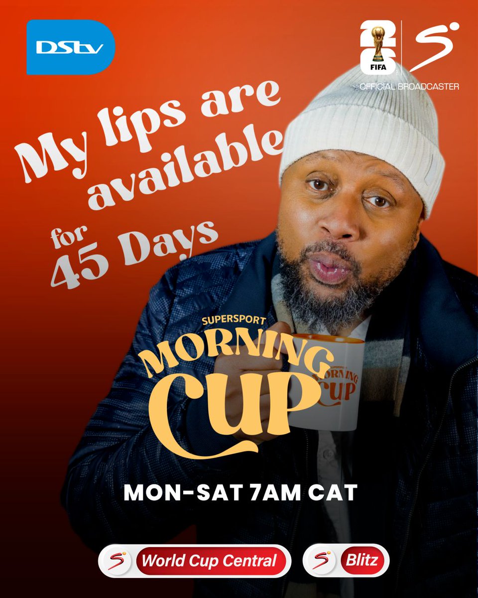 SSFootball's tweet photo. The only way to wake up during the #FIFAWorldCup with a Cuppa Joe and friends 😏☕️

Set those alarms because we are LIVE from tomorrow morning ⏰

#DStvFIFAWorldCup2026 | #EverythingCanWait https://t.co/7jIJfY9OVM