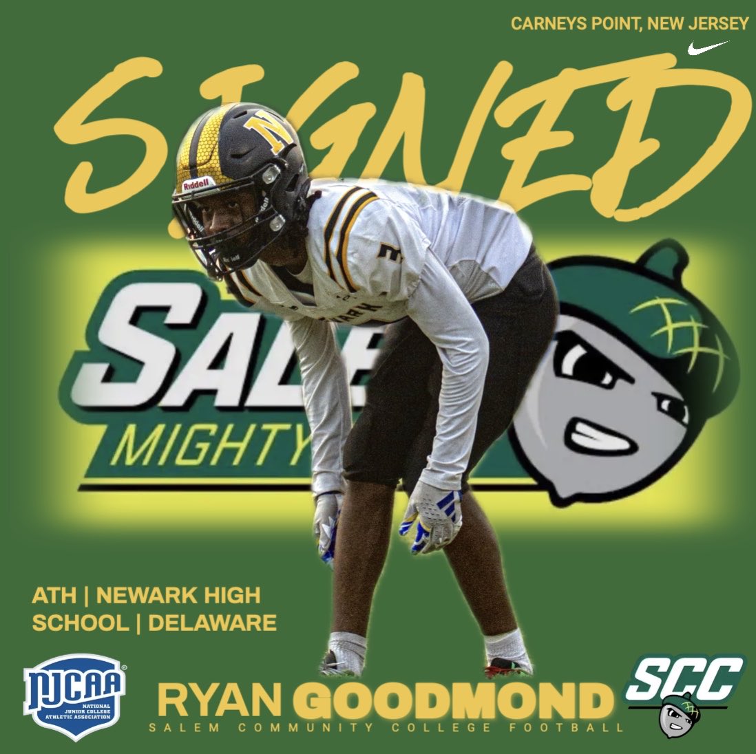 salemcc_ftbal's tweet photo. SIGNED. Welcome to the Mighty Oaks: 
✍️-Ryan Goodmond
🚨-ATH
📍-Newark, Delaware https://t.co/Vj5nn8NvZU