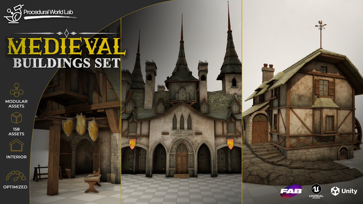 ProceduralWdLab's tweet photo. 🔥Medieval Buildings Set [Enterable Interior] : A set of Medieval Buildings Pack with 35 Buildings prefabs &amp; Props for your Medieval, Fantasy &amp; Middle Ages projects.,
With great attention to detail &amp; a carefully optimized game ready buildings.
buy here : https://t.co/BjJ9jO9bQL https://t.co/LyR0KKe43B