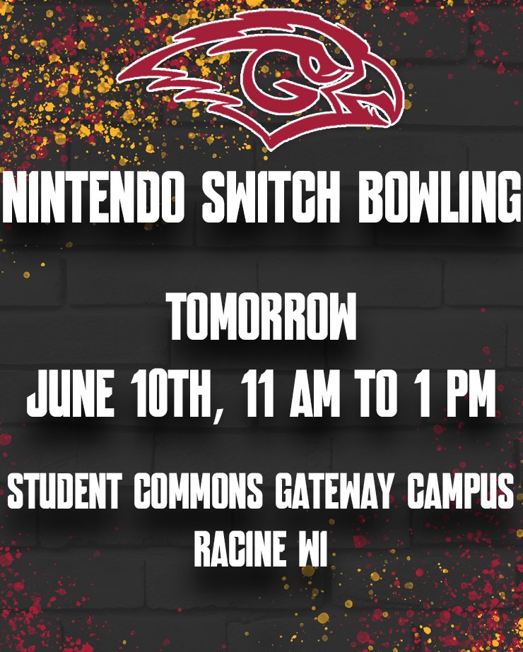 RedhawkEsports's tweet photo. Come on out to the Racine Gateway's Student Commons for the RedHawks Nintendo Switch Bowling Tournament! Doors open from 11 Am until 1 Pm! #SoarAbove #Esports #SwitchBowling https://t.co/wNFOw7iEMU