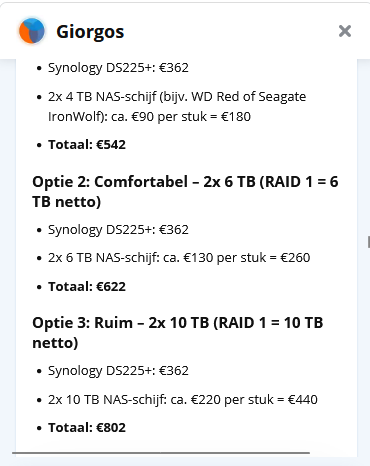 RobinNL1992's tweet photo. @Coolblue_NL Ik zat jullie AI tool te gebruiken op de website voor het oriënteren op een NAS, maar de prijzen die daar worden gegeven kloppen totaal niet met de werkelijke prijzen op jullie website.

Goedkoopste prijzen:
2x 4TB is €432, 2x 6TB is €604 en 2x 10TB is €1080 https://t.co/XsaKGg2JPs