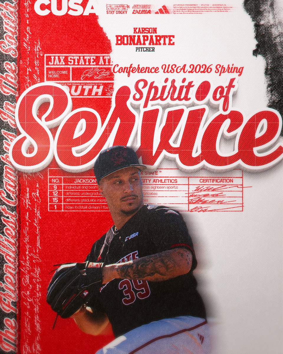 JaxStateBB's tweet photo. Congratulations to Karson Bonaparte for being named a @ConferenceUSA 2026 Spring Spirit of Service award winner!

#StayCocky🐔 | #FearTheBeak👌 https://t.co/PEqDOKRNVn