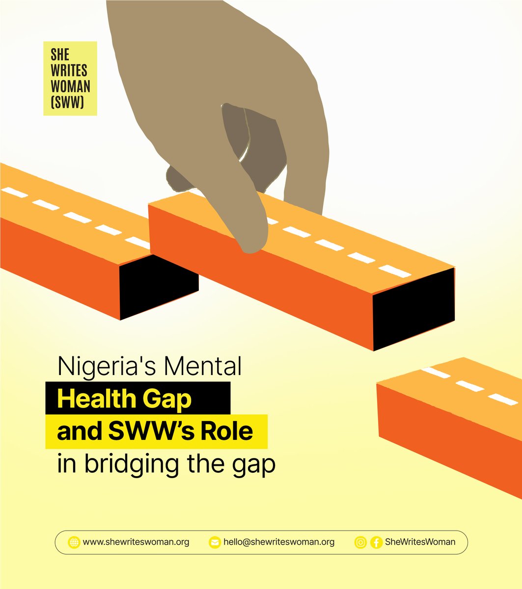 SheWritesWoman's tweet photo. The scale of Nigeria’s mental health crisis demands urgent action. 

50 million Nigerians live with mental health challenges. Over 75% lack access to professional care.

SWW is closing this gap, ensuring more people have free access to care and support. https://t.co/rq9t2jx0jM