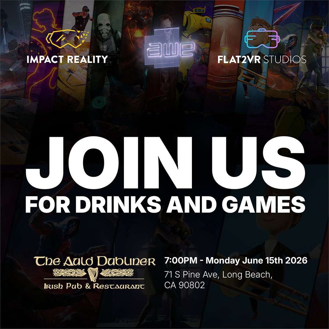 skeeva's tweet photo. Join us Monday night at AWE! The Auld Dubliner is right across the street from the convention center. Hang out, have a drink and play some games with @Flat2VRStudios &amp; @ImpactRealityXR! https://t.co/Baeg1Uabce