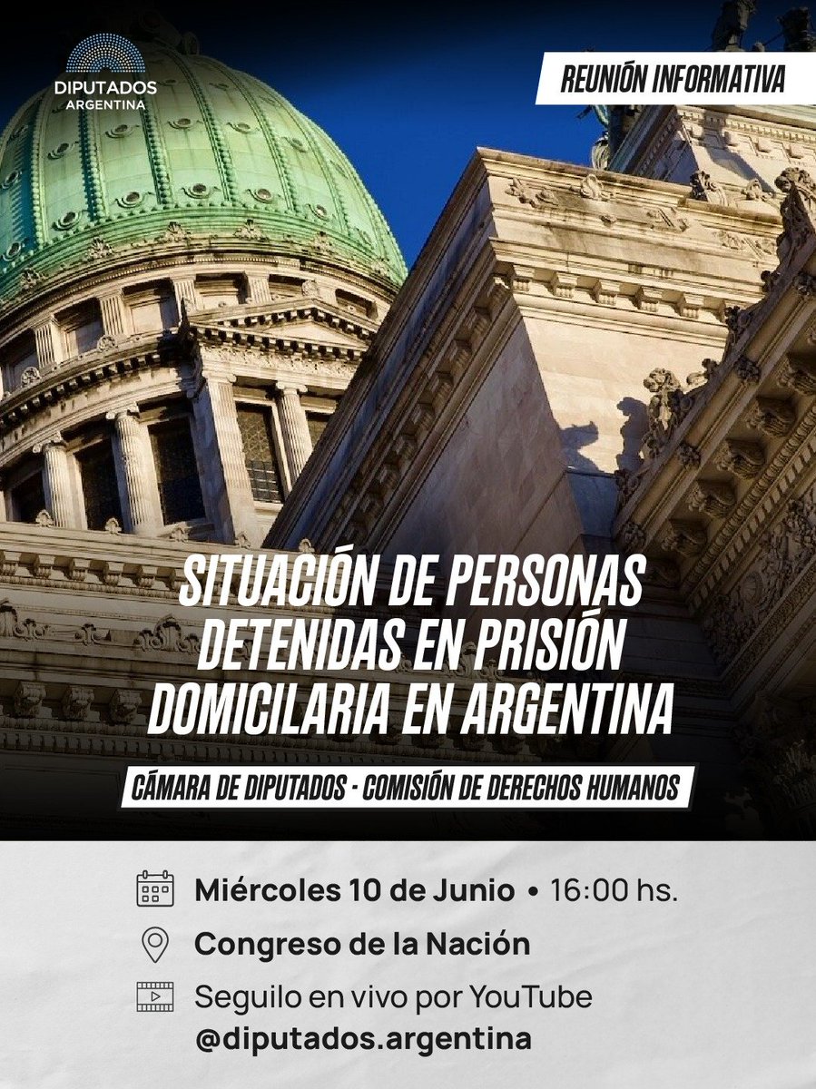 pietragallahora's tweet photo. La Comisión de Derechos Humanos de la Cámara de Diputados realizará una reunión para abordar y analizar el estado de situación de la prisión domiciliaria en la Argentina
El próximo miércoles 10 de junio se llevará a cabo una reunión informativa de la Comisión de Derechos Humanos y Garantías de la Cámara de Diputados de la Nación donde se abordará  la situación  de la prisión domiciliaria en Argentina. El encuentro, que fue convocado por el presidente de la Comisión, el diputado nacional Horacio Pietragalla Corti, se desarrollará desde las 16 hs en la Sala 1, piso 2 del Anexo A del Honorable Congreso de la Nación, Av. Rivadavia 1841.
La reunión tiene como objetivo analizar la situación actual de las prisiones domiciliarias en la Argentina. En la reunión se recibirán las palabras de organizaciones, integrantes de la Justicia y el Consejo de la Magistratura, funcionarios y profesionales especialistas que han elaborado opiniones, informes y análisis al respecto. 
Entre otros, estarán presentes organismos de derechos humanos que vienen denunciando la aplicación de una política de doble estándar y privilegios ostentados por los condenados por delitos de lesa humanidad. 
Entre los invitados, estarán presentes el premio nobel de la paz, Adolfo Pérez Esquivel, el Ministro de Justicia de la provincia de Buenos Aires, Juan Martin Mena, integrantes del Ministerio Publico Fiscal, con el fin de enriquecer el intercambio de información y recoger diversas experiencias y perspectivas sobre la temática.