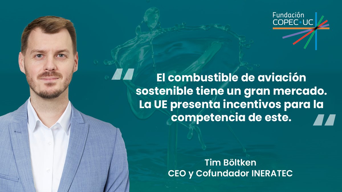 FundCopecUC's tweet photo. Tim Böltken, CEO y Cofundador de INERATEC, compartió su visión sobre el futuro de los combustibles sostenibles durante el Seminario Internacional Combustibles del Futuro de Fundación Copec-UC. Te presentamos algunas de sus ideas. https://t.co/SxETsfLl4V
