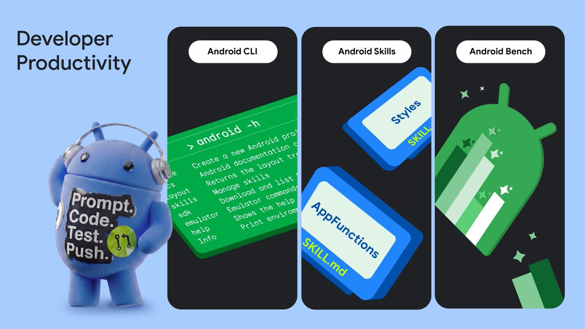 AndroidDev's tweet photo. Agent-assisted tooling is changing how we build for Android. To help you ship faster, we’re expanding our ecosystem to support your workflow across your favorite tools → https://t.co/VptTZwdGOS

Here are 3 Android Developer Productivity recent updates: 🧵👇 https://t.co/0bNfjZWLMm