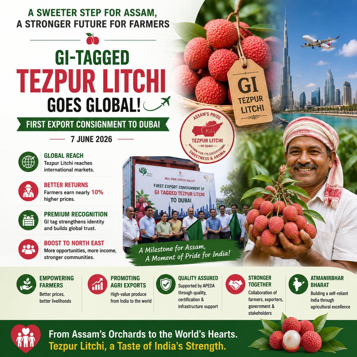 iamberagarwal's tweet photo. A sweeter future for Assam’s litchi growers!

For the first time, GI-tagged Tezpur Litchi has been exported to Dubai with @APEDADOC's support, taking the unique taste of Assam to global markets.

The biggest beneficiaries are the farmers, who received nearly 10% higher prices than domestic market rates. This export opens new opportunities, boosts incomes and connects growers from the North East directly with global consumers.

From local orchards to international shelves, Tezpur Litchi is now carrying Assam’s pride to the world.