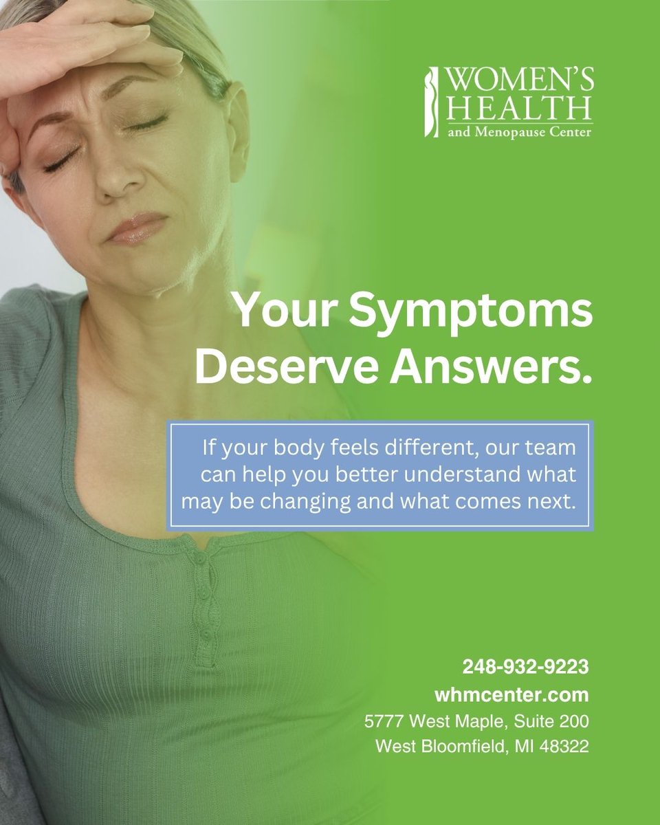 whmcenter's tweet photo. Your symptoms deserve answers, and you deserve care that listens.

At Women’s Health and Menopause Center, we provide compassionate, personalized care for every stage of life.

Schedule your visit today.
248-932-9223 | https://t.co/0EWC6KyC19

#WomensHealth #MenopauseCare #OBGYN https://t.co/nNqTnvyUvs