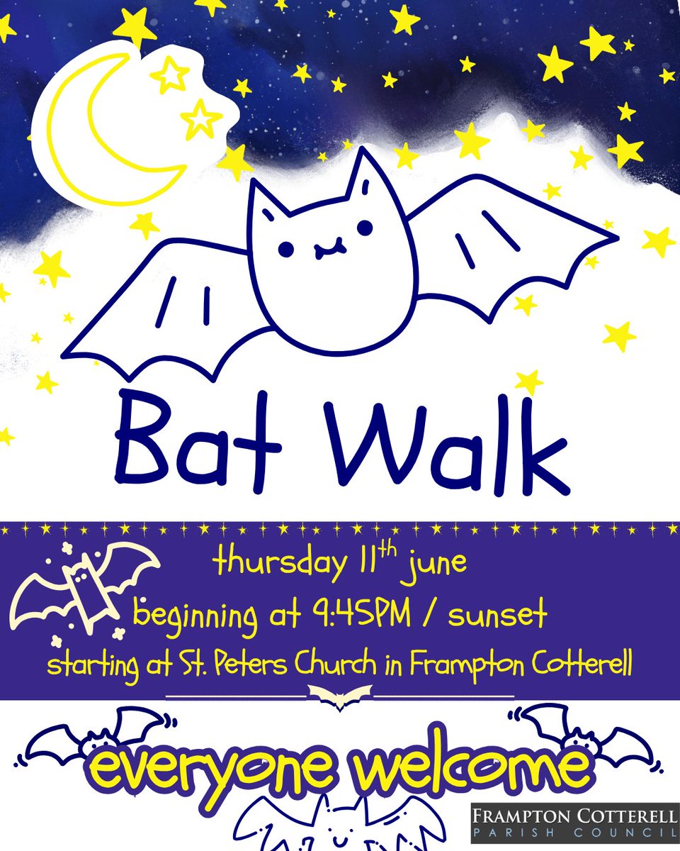 FramptonParish's tweet photo. 🦇#GreatBigGreenWeek Bat Walk🦇
Thursday 11 June
Beginning 9:45PM / sunset
Starting at St Peters Church
Everyone welcome :)
https://t.co/bNVRBNwzkI
#FCPC #FramptonCotterell #BatWalk #Bats #Nature #TogetherForGood #SouthGloucestershire #CommunityEvent https://t.co/OTyA2WL8gH