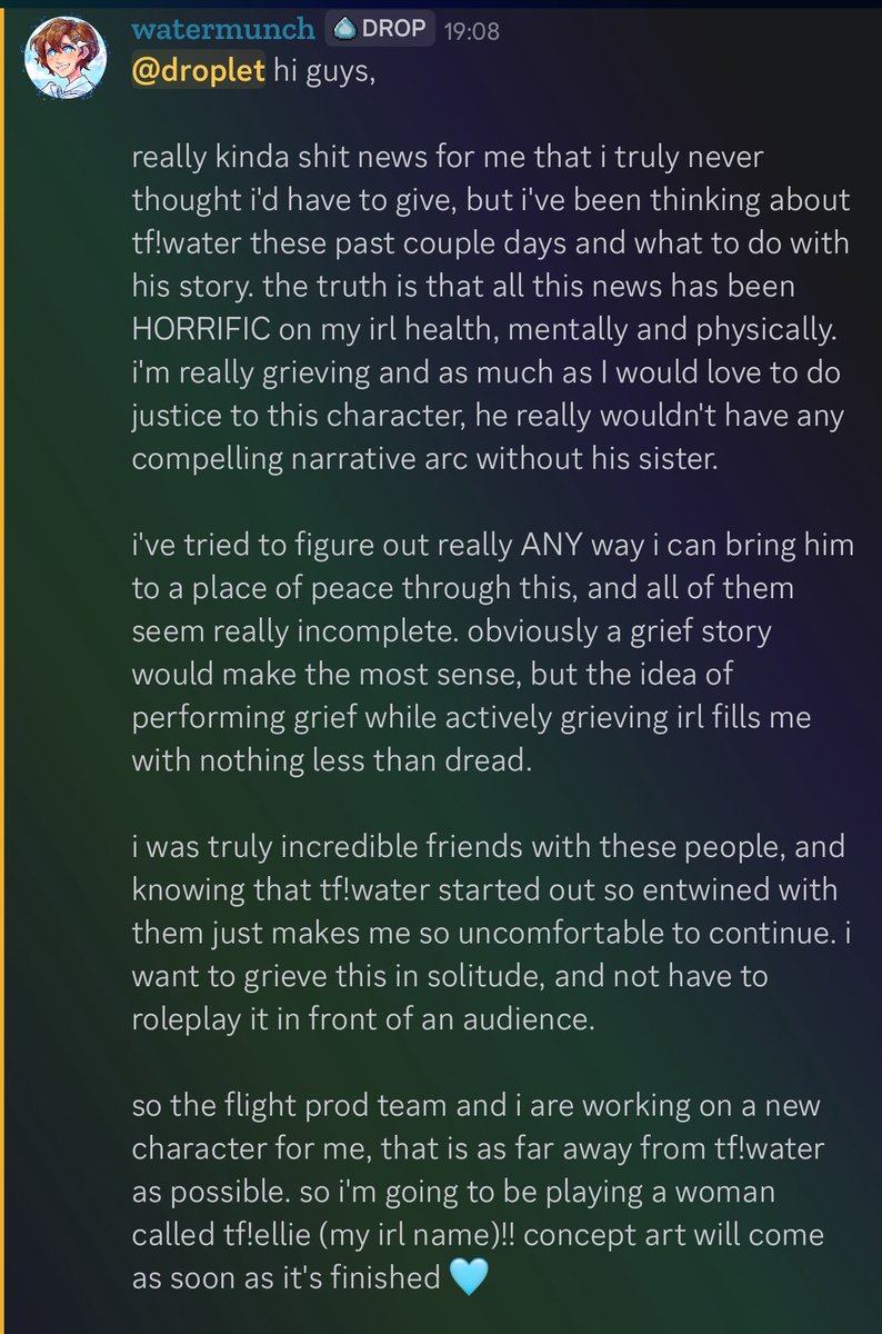 lemonisbear's tweet photo. Important announcement from @watermunchh on his discord regarding her #theflight character!

Caution for some spoilers for his ending in the 3rd picture!

#theflight #theflightsmp #watermunch https://t.co/dzKNW2juab