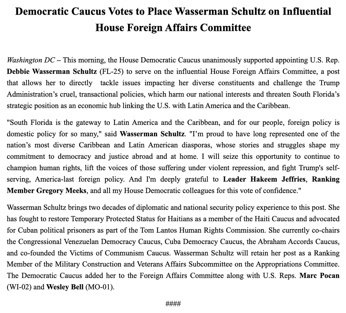 AndrewSolender's tweet photo. Rep. Debbie Wasserman Schultz on being appointed to Foreign Affairs: "I’m proud to have long represented one of the nation’s most diverse Caribbean and Latin American diasporas, whose stories and struggles shape my commitment to democracy and justice abroad &amp; at home." https://t.co/TBERX6hP4E