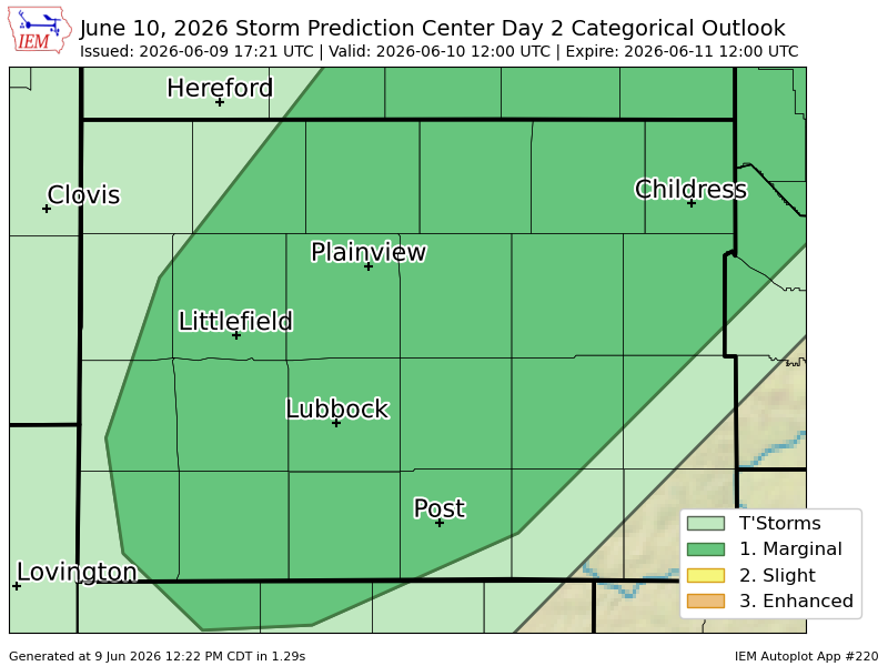 KLBKWeather's tweet photo. #SPC issues Day 2 Marginal Convective Risk at Jun 9, 17:21z for LUB https://t.co/8ySBvRPDGP https://t.co/4rfyol9dq3