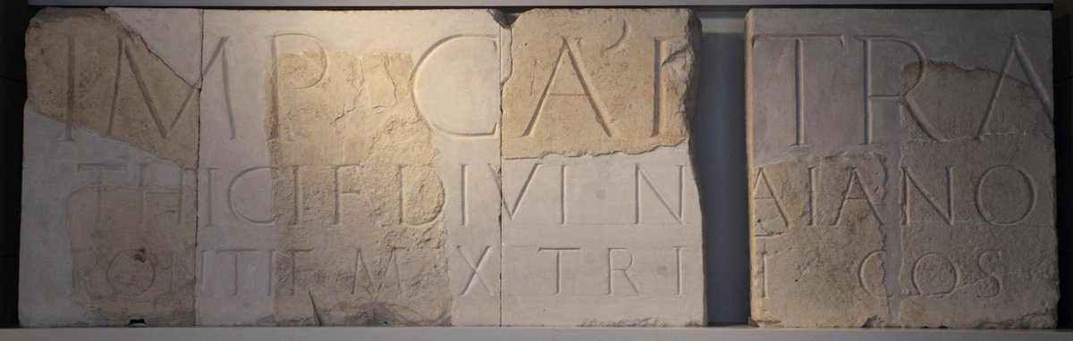 carolemadge's tweet photo. #EpigraphyTuesday - Monumental inscription from a triumphal arch dedicated to Hadrian, discovered near the camp of the Sixth Legion at Tel Shalem in Judea.

The inscription, in three lines, had belonged to a large triumphal arch erected, presumably in AD 136, by order of the Roman Senate to commemorate the suppression of the Bar Kokhba revolt. A proposed reconstruction of the inscription was prepared in 1999 by Professor Werner Eck of the University of Cologne, a renowned scholar of ancient Roman history. According to W. Eck, the inscription reads (with the expansion of abbreviations):

Imp(eratori) Cae[s(ari) divi T]ra[iani Par]/th[i]ci f(ilio) d[ivi Nervae nep(oti) Tr]aiano [Hadriano Aug(usto)] / pon[t]if(ici) m[ax(imo) trib(unicia) pot(estate) XX? imp(eratori) I]I co(n)s(uli) [III p(atri) p(atriae) s(enatus) p(opulus)q(ue) R(omanus)?]

“To the Emperor Caesar, son of the deified Trajan Parthicus, grandson of the deified Nerva, Trajan Hadrian Augustus, chief priest, holder of tribunician power for the twentieth time (?) , acclaimed imperator for the second time, consul for the third time, father of the fatherland, [the Senate and People of Rome (?)]”

The impressive dimensions of the inscription – about 11 m wide – and the size of the letters – 41cm high in the first line – show that the inscription belonged to a monumental arch similar to the Arch of Titus in Rome, erected after his death to commemorate his conquest of Jerusalem.

Israel Museum, Jerusalem, Israel.