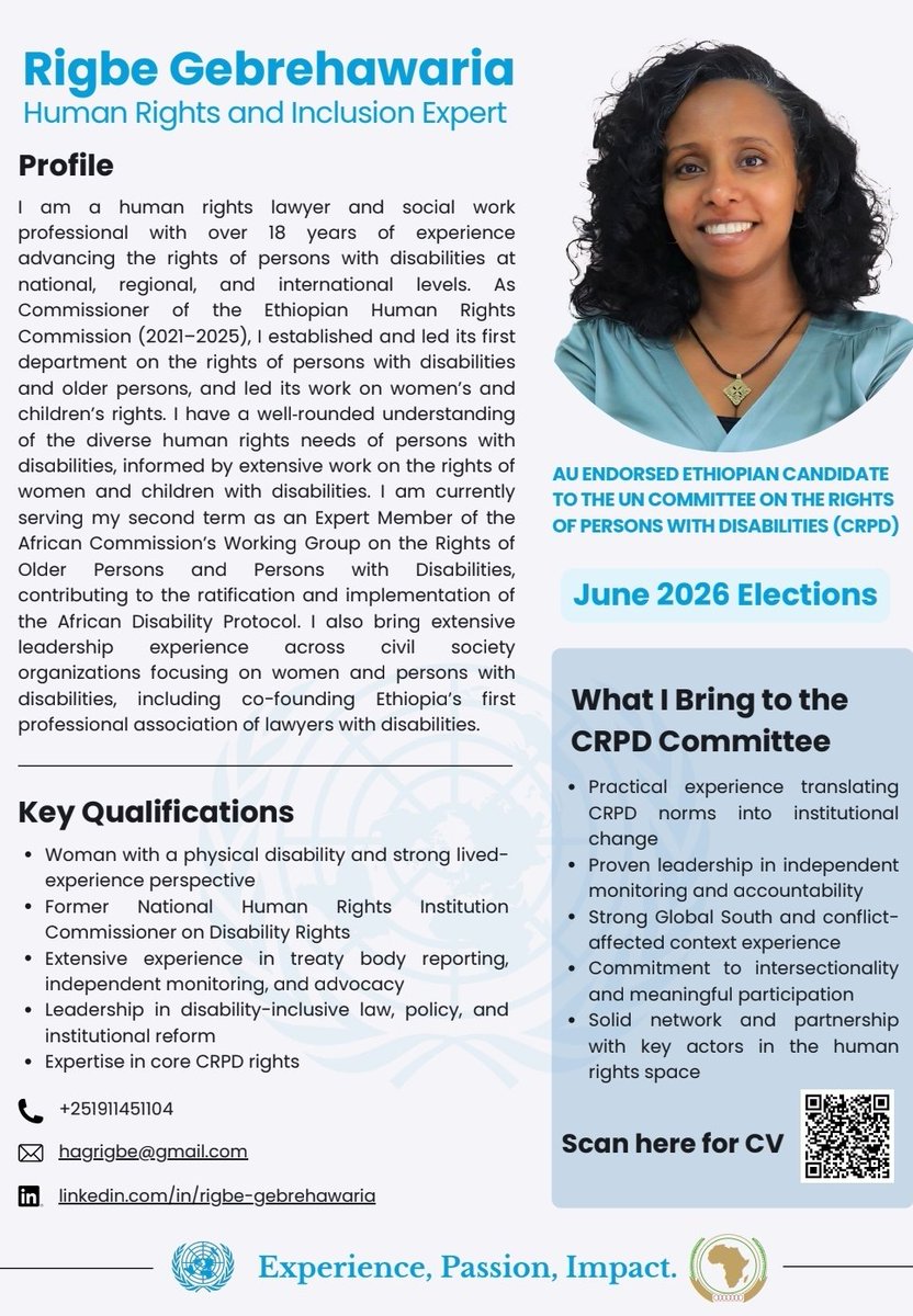 ETMissionUN's tweet photo. Ethiopia's candidate, Ms. Rigbe Gebrehawaria, has been elected to the Committee on the Rights of Persons with Disabilities (CRPD) at the election held today at UNGA in New York. Our mission wishes Ms.Rigbe a very successful tenure. https://t.co/9Al1vAlkar